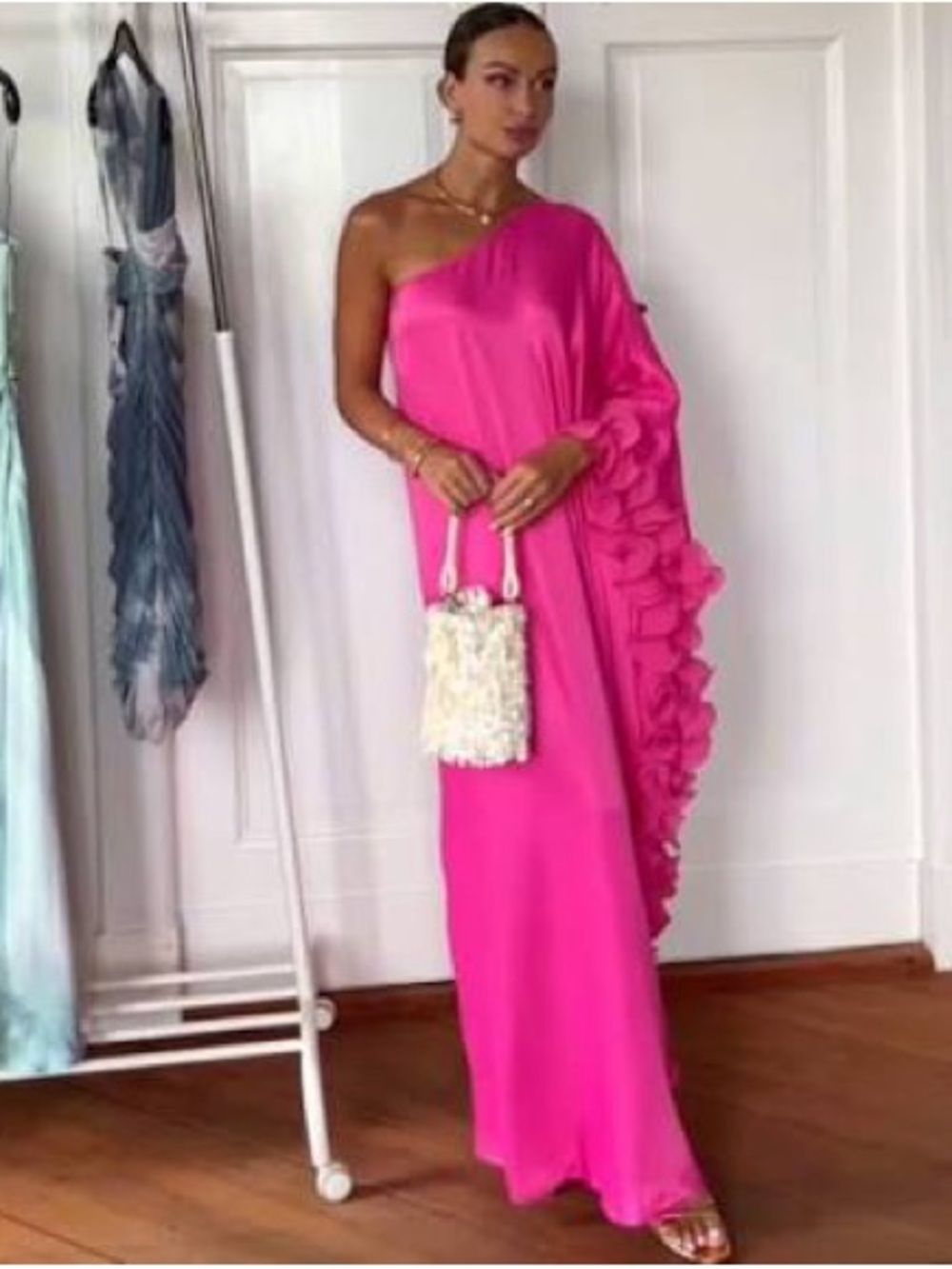 Zara Hot Pink One-Shoulder Ruffle Maxi Dress